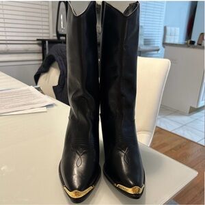 Black Leather Western Knee Boots with Silver Toe Accent